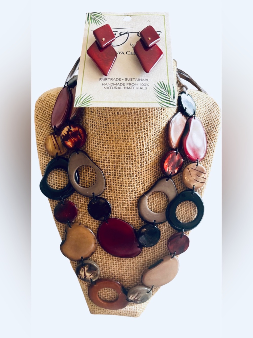 Set of 2 Handmade Multi-Strand Bib Necklace & Earring- Red, Brown & Black